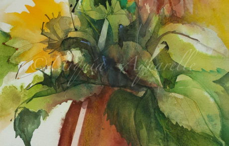 Urquias Aquarelle Sonnenblumen in brauner Vase