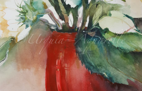 Urquias Aquarelle Sonnenblumen in roter Vase