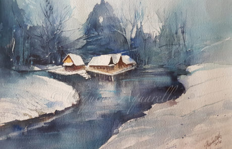 Urquias Aquarelle Pfahlbauten im Winter