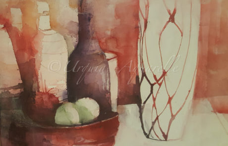 Urquias-aquarelle-Aquarell-auf-Leinwand-Flasche-aus-rot