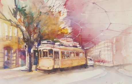 urquia-aquarelle-Praga Strassenbahn 30 x40 cm